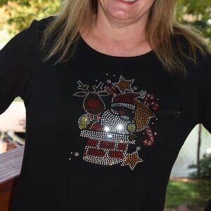 Christmas Santa & Reindeer   rhinestone  long Sleeve Shirt S M L XL XXL 1X…